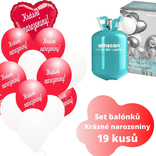 Helium sada - srdce červené a balónky s českým potiskem KRÁSNÉ NAROZENINY