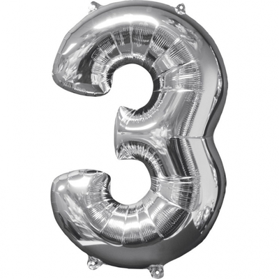 Balónek fóliový narozeniny číslo 3 stříbrný 66cm