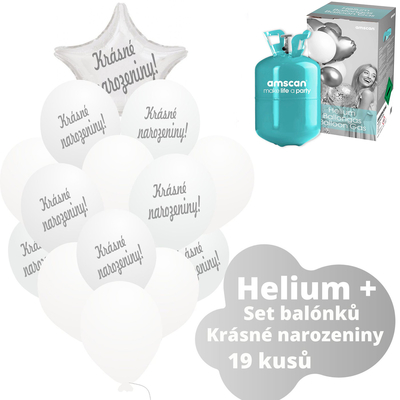 Helium sada - bílé balónky s českým potiskem KRÁSNÉ NAROZENINY