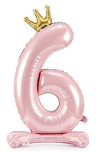 Balónek číslo 6 stojící růžový s korunkou 84 cm