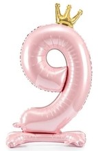Balónek číslo 9 stojící růžový s korunkou 84 cm