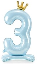 Balónek číslo 3 stojící modrý s korunkou 84 cm