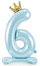 Balónek číslo 6 stojící modrý s korunkou 84 cm